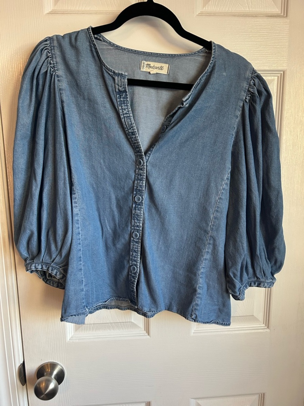 Madewell Light Blue Puff-Sleeve Chambray Button-Up Blouse